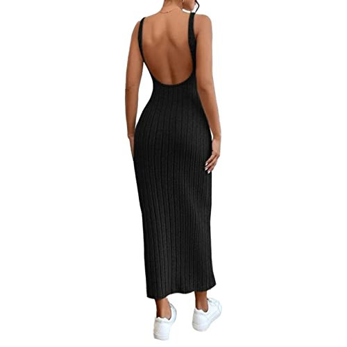Women Backless Maxi Tank Dress Bodycon Sexy Open Back Hollow Long Dresses Sleeveless Elegant Cocktail Party Dress(A347 Knit Black,M) | Amazon (US)