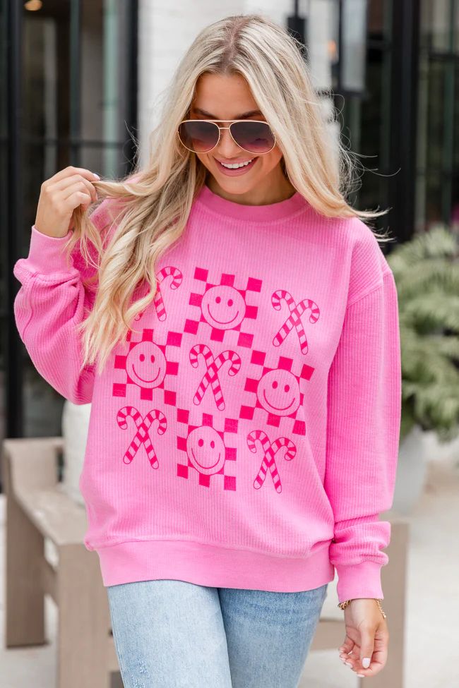 Checkered Candy Cane Hot Pink Corded Sweatshirt | Pink Lily