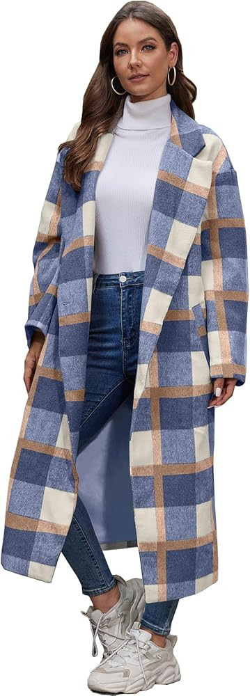 Women's Oversized Plaid Wool Coat Casual Lapel Collar Double Breasted Winter Long Pea Coat with P... | Amazon (US)