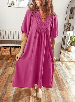 Dokotoo Summer Dresses for Women 2026 Casual Dresses V Neck Puff Sleeve Empire Waist A-Line Maxi ... | Amazon (US)