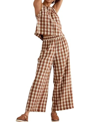codcm Women 2 Piece Summer Outfits Gingham Lounge Set Y2k Plaid Sleeveless Top Wide Leg Pants Matching Set(Brown,Small) | Amazon (US)