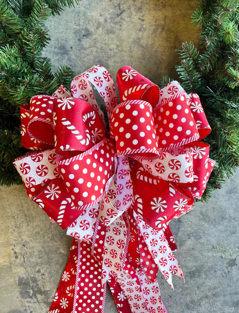 Peppermint Tree Topper Bow, Large Wreath Bow, Candy Cane Christmas Bow | Etsy (US)
