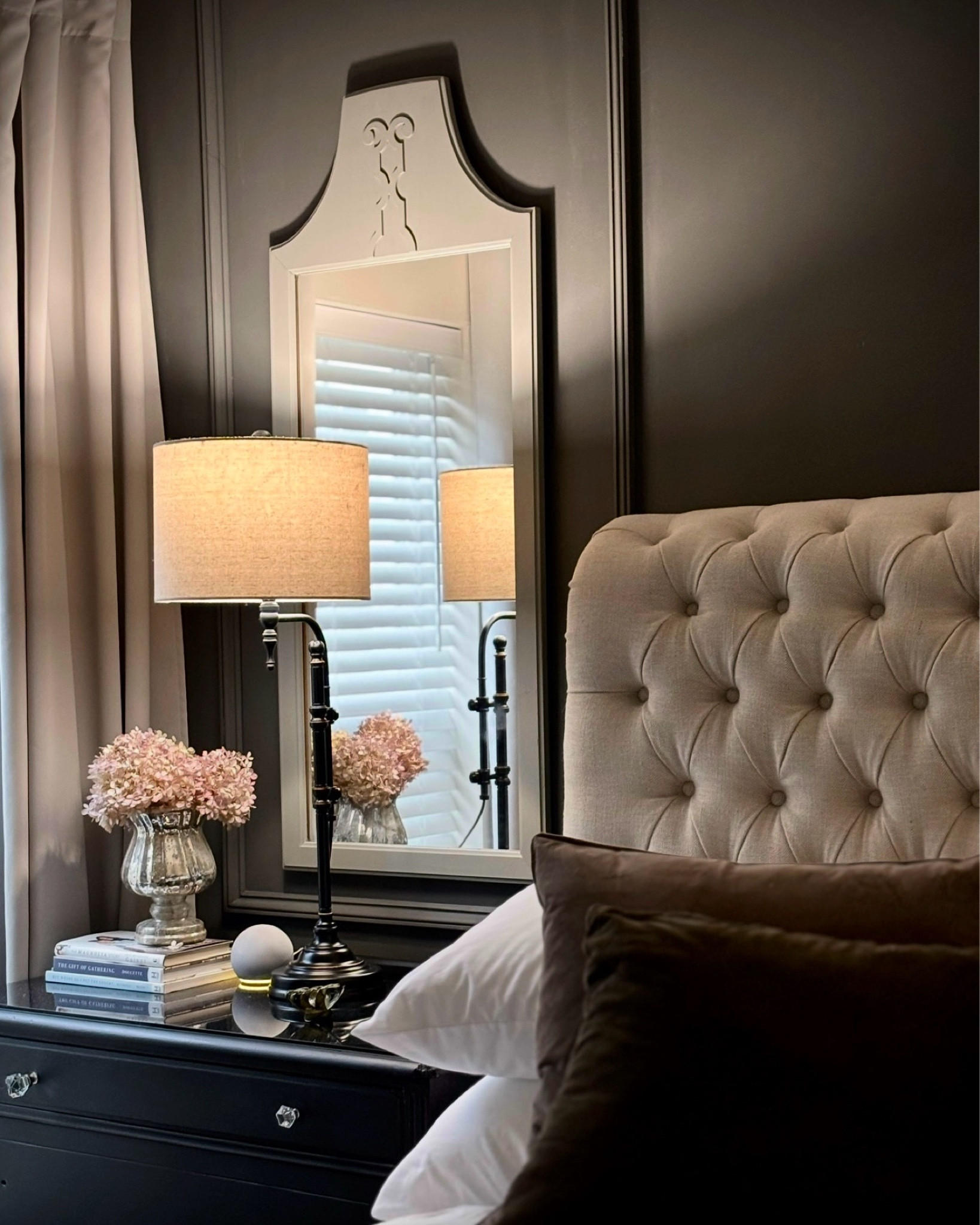 A mix of old and new: sharing a glimpse of our recent #bedroom upgrades. 🎉 We enjoyed white glove delivery of our new bed from @BirchLane @Wayfair. And it fits perfectly around our Casper adjustable mattress. I’m so glad we bought a bed with a headboard and footboard. Our duvet finally stays in place and isn’t kicked off at night 😚

We painted one wall Magnolia Pond Stone and now we want the entire room dark. More to come on that! 

Mirrors and nightstands are thrifted and repainted. The nightstands were given two coats of Heirloom Traditions Paint in Iron Gate. And we added glass tops to fancy them up. The lamps are from PB but discontinued so I linked similar lamps below. 

It’s so nice to finally focus on this previously neglected space. ❤️ #bedroommakeover #tuftedbed #bedroomideas #bedroominspo 

#LTKMostLoved 

#LTKHome