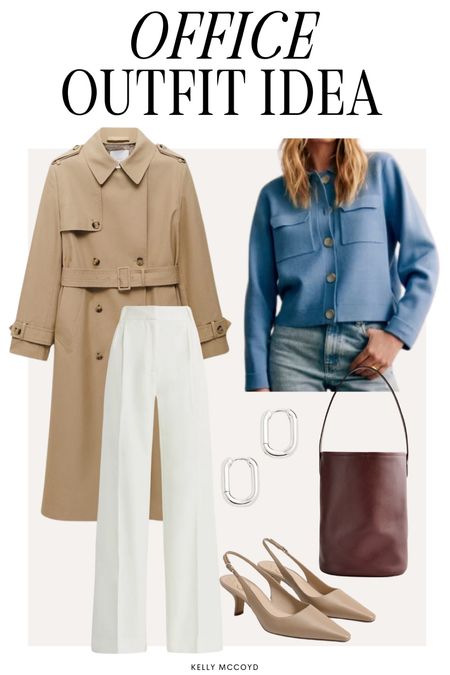 Office outfit idea for Spring: white trousers, cardigan sweater, trench coat, slingbacks, burgundy bag 

#LTKstyletip #LTKSeasonal