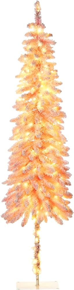 HOMCOM 7FT Prelit Pencil Artificial Christmas Tree with Snow Flocked Branches, LED Lights, Downsw... | Amazon (US)