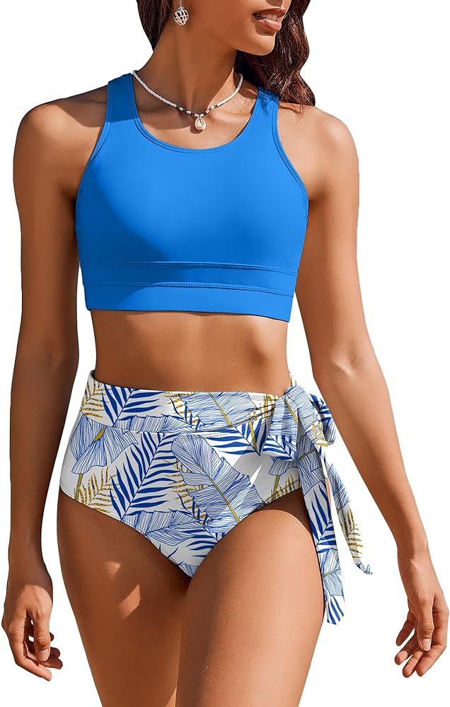 AI'MAGE Womens High Waisted Bikini Set Tummy Control 2 Piece Bathing Suit Modest Racerback Swimsu... | Amazon (US)