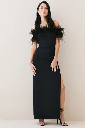 Tall Feather Bardot Stretch Crepe Maxi Dress | Karen Millen UK + IE + DE + NL