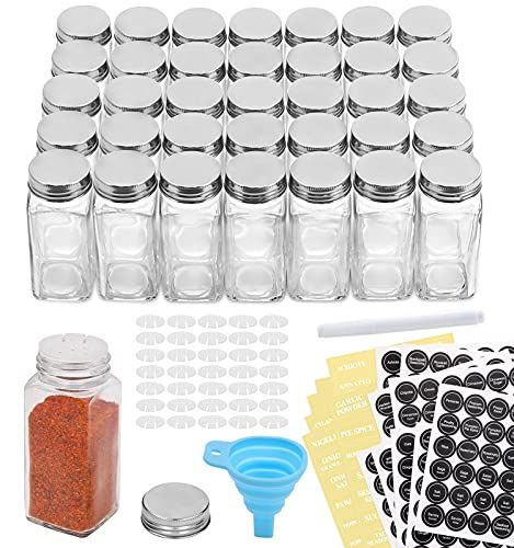 AOZITA 36 Pcs Glass Spice Jars with Spice Labels - 4oz Empty Square Spice Bottles - Shaker Lids and  | Amazon (US)
