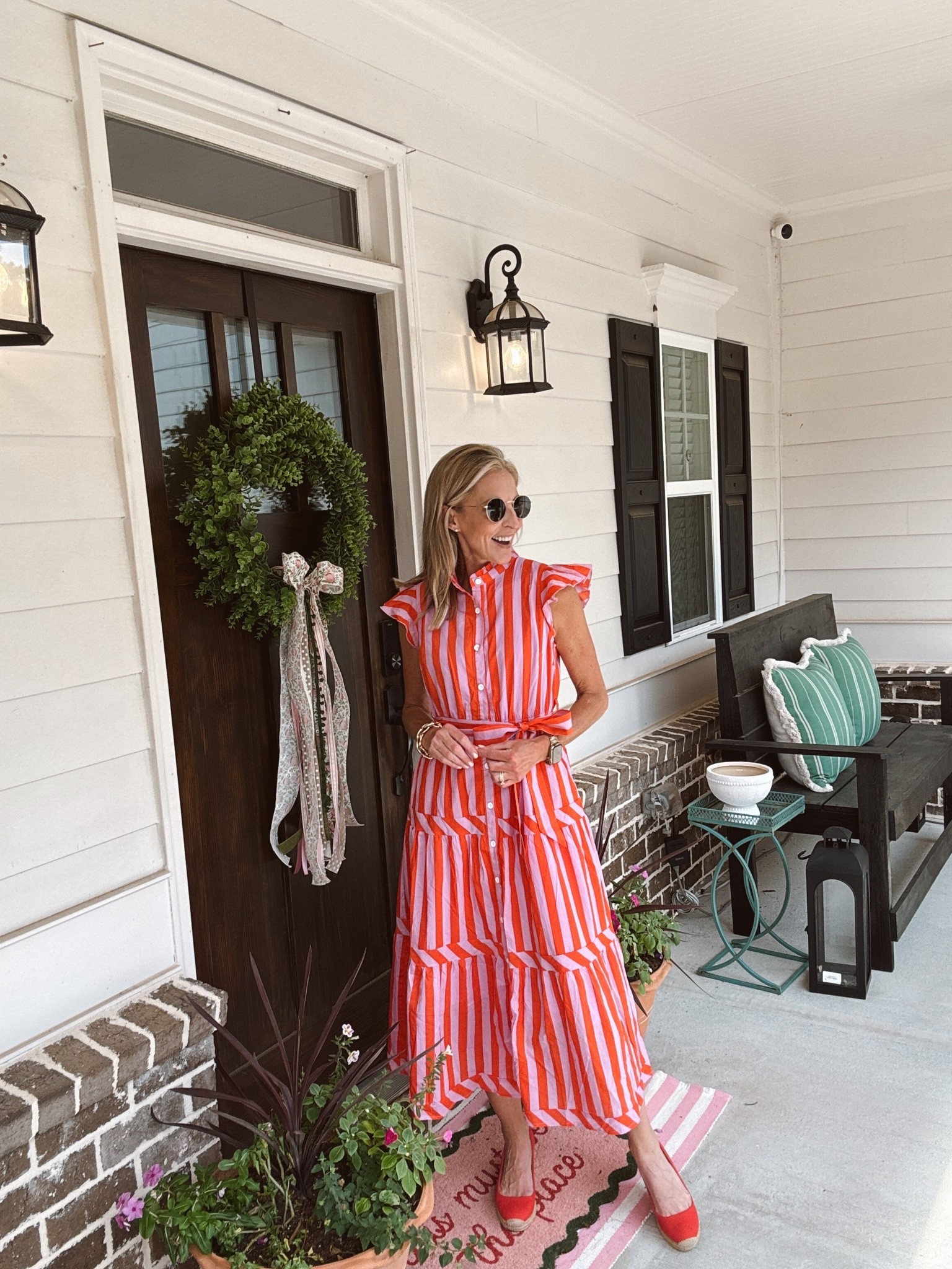Sunday never looked so good! The perfect $34 dress for church, work, or even the classroom! It has all of our favorites, rough sleeves, cute bow, and pockets. A little color can brighten your whole day. This easy striped dress is equal parts fun, flattering, and effortless for wherever your day takes you.

teacher dress, workwear, classroom style, colorful dress, striped midi dress, affordable fashion, church outfit, casual chic, everyday style, weekend outfit, teacher fashion, office outfit, summer to fall style, flutter sleeve dress, modest dress, feminine style, comfortable dress, boutique style, bright summer dress, transitional outfit, teacher wardrobe, work outfit inspiration, effortless style, over 40 fashion, classic style