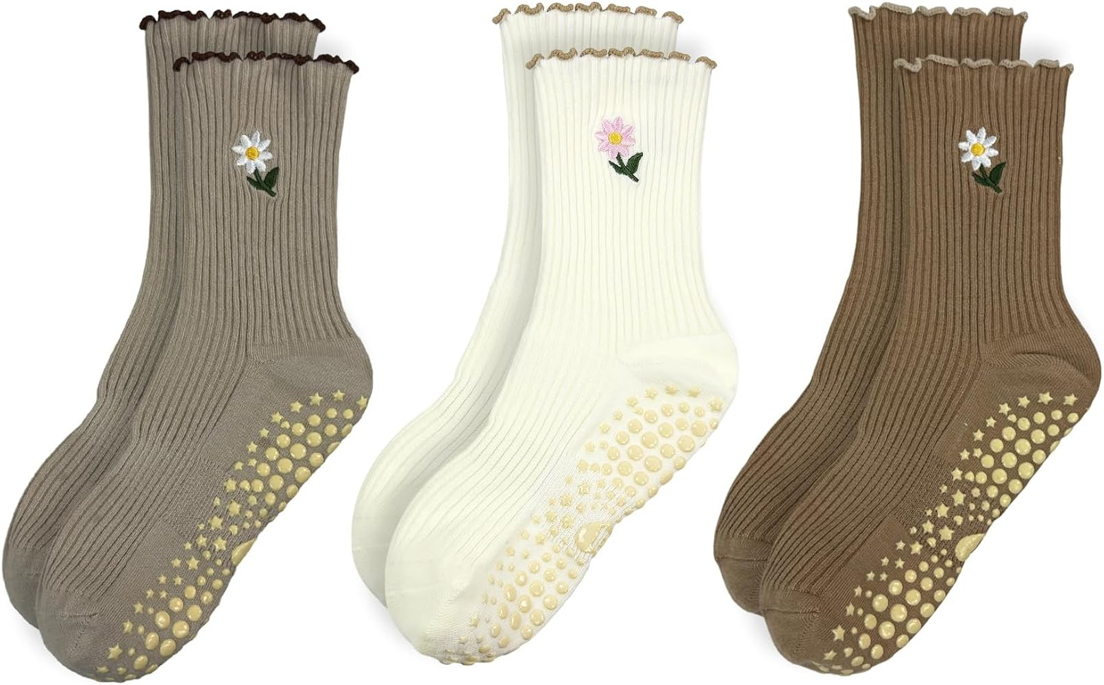 3 Pairs Cute Pilates Grip Socks for Women, Ruffle Yoga Non Slip Barre Socks for Workout & Dance | Amazon (US)