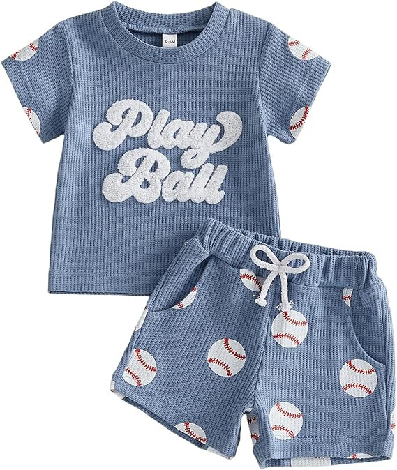 Kupretty Toddler Baby Boy Clothes Summer Baseball Outfits Waffle Knit Play Ball Embroidery Crewne... | Amazon (US)