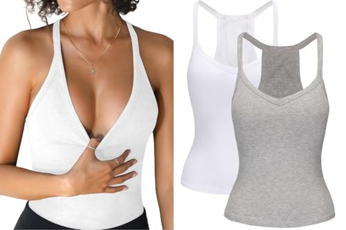 2 Pack V Neck Tank Tops for Women Built in Bra Racerback Womens Tank Tops Basics Yoga Ribbed Gym Sleeveless Shirts White/Gray | Amazon (US)