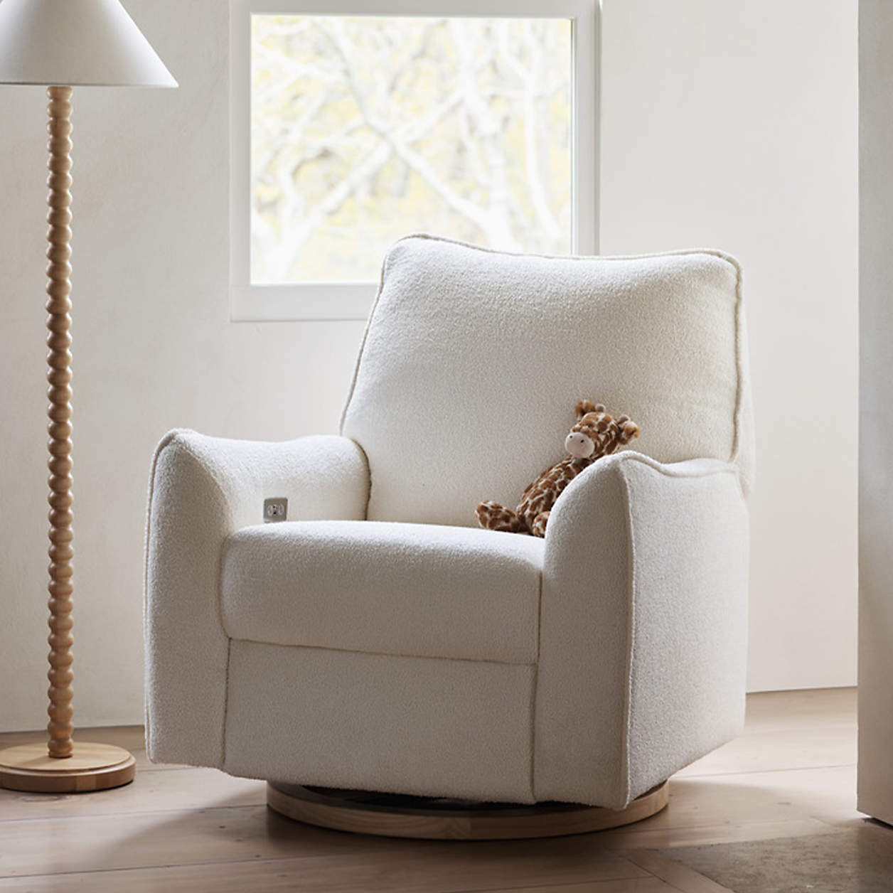 Babyletto Sunday Shearling Swivel Glider Power Recliner + Reviews | Crate & Kids | Crate & Barrel
