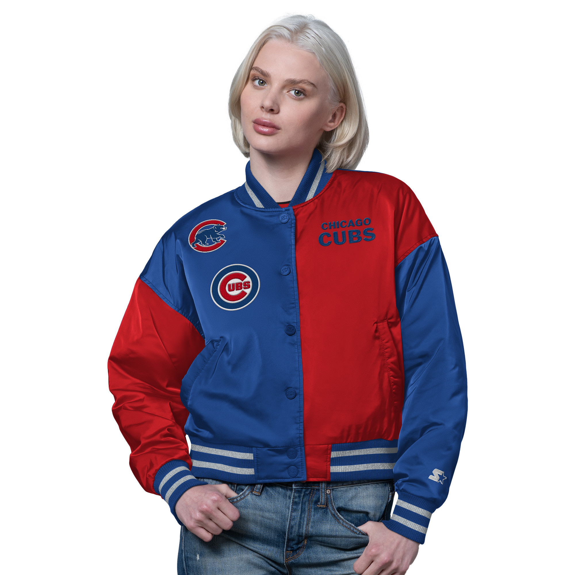 Women's Starter Royal/Red Chicago Cubs Offside Cropped Full-Snap Varsity Jacket | Fanatics