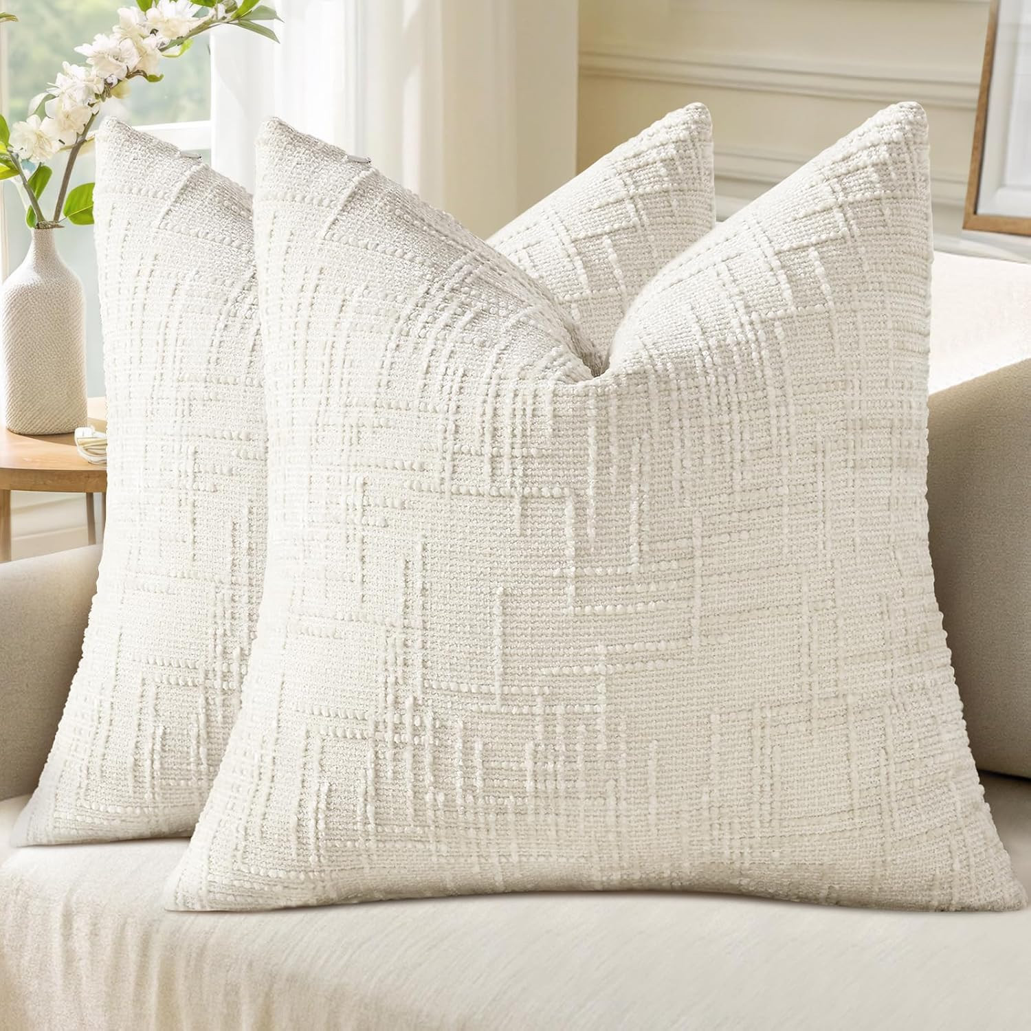 decorUhome Summer Cream White Chenille Throw Pillow Covers 18x18 Set of 2 Textured Cozy Slubby Co... | Amazon (US)