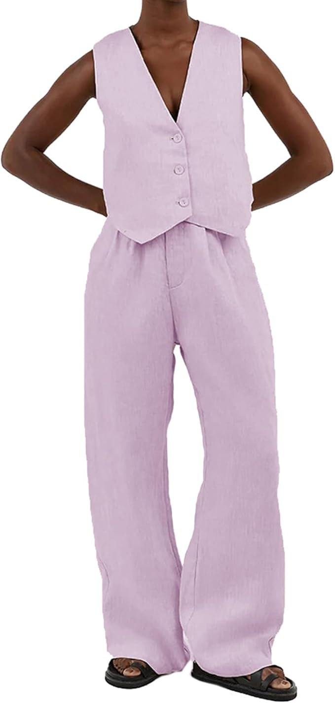 Women 2 Piece Outfits Button Up Vest Waistcoat Crop Top and Wide Leg Pants Set Linen Dressy Match... | Amazon (US)