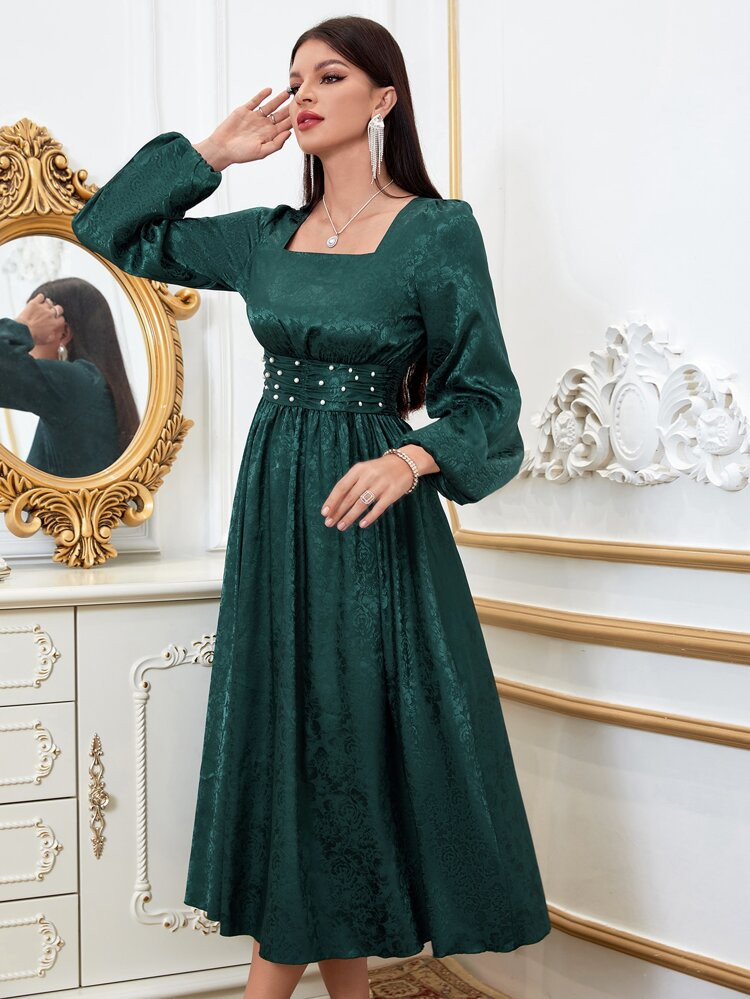 SHEIN Modely Floral Jacquard Pearls Beaded Lantern Sleeve Satin Dress | SHEIN