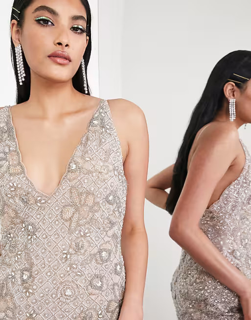 ASOS EDITION crystal floral embellished cami midi dress with feather hem in blush | ASOS (Global)