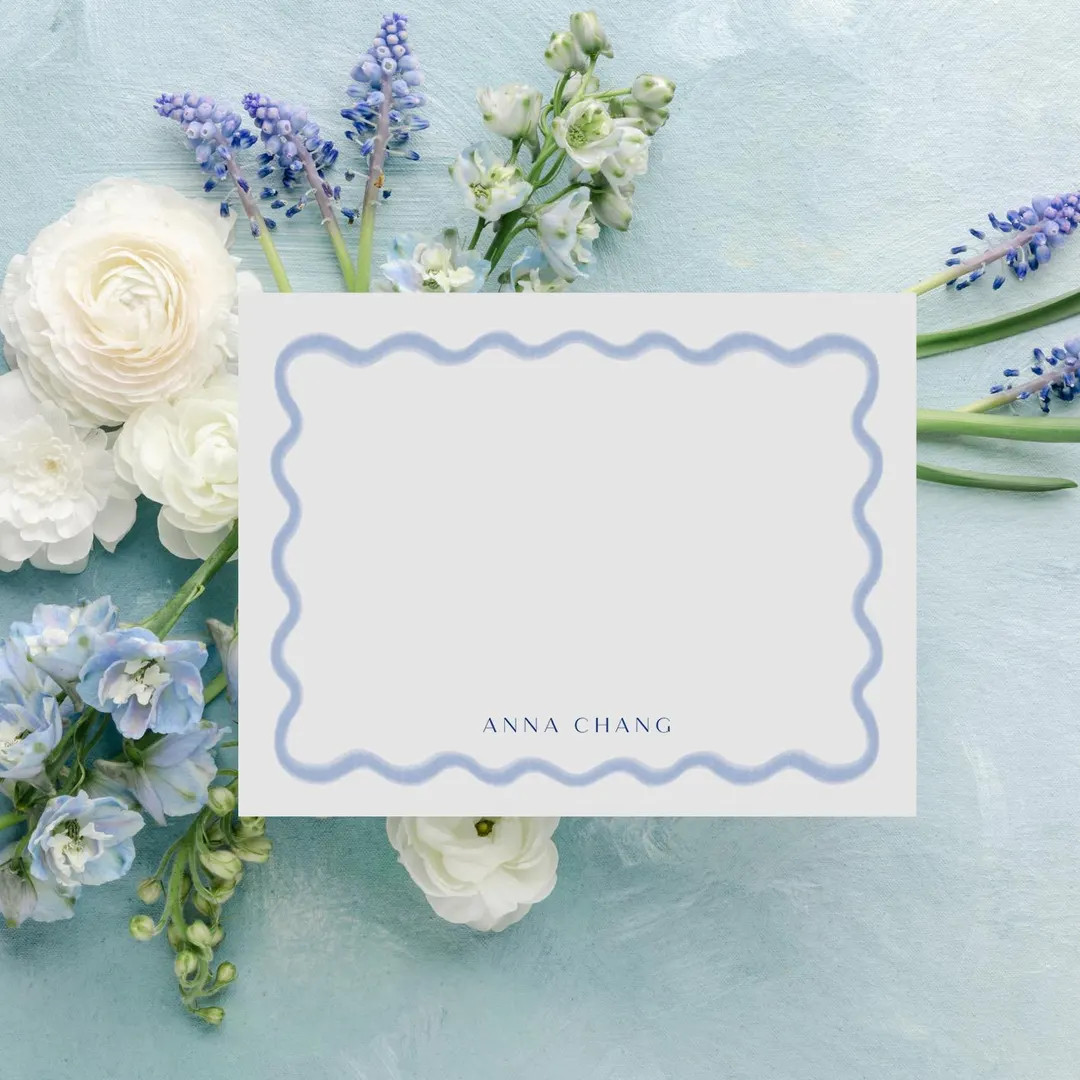 Personalized Wavy Scallop Notecards – Chinoiserie Back, Grandmillennial Style, Elegant Blue & W... | Etsy (US)