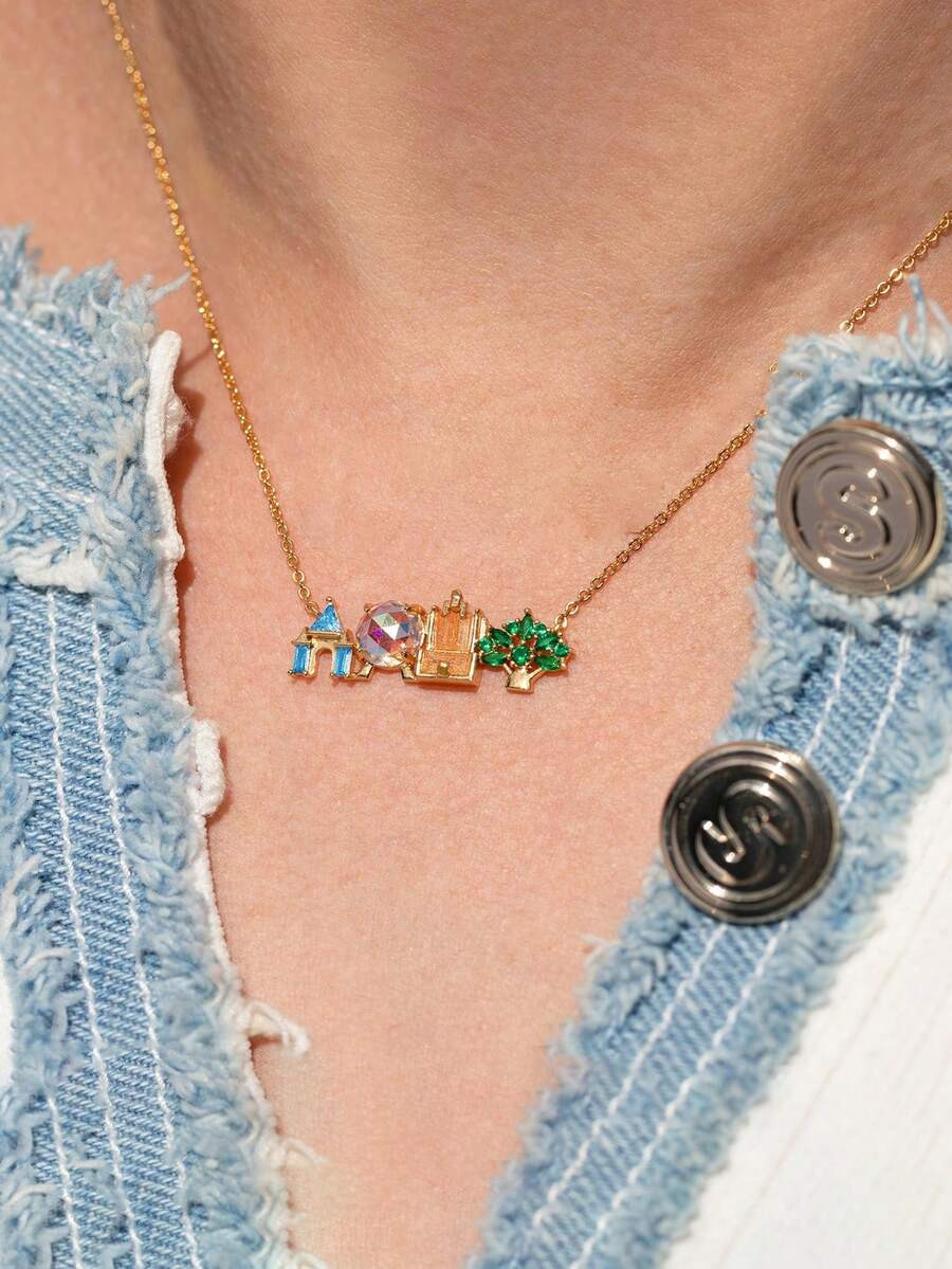 Shescity 1pc Women's Copper Inlaid Colorful Zirconia Cute Sweet Amusement Park Pendant Necklace, ... | SHEIN