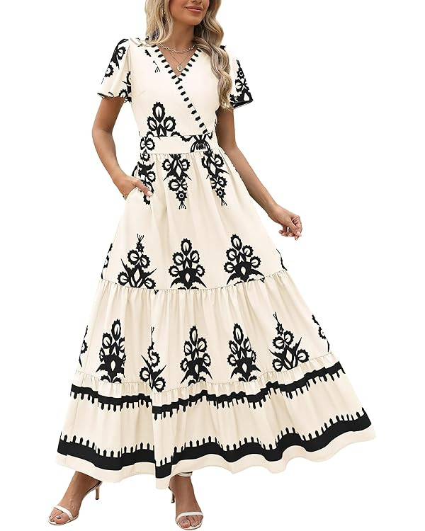 PRETTYGARDEN Womens 2025 Summer Casual V Neck Boho Maxi Dress Flowy Aline Bell Sleeve Tiered Flor... | Amazon (US)