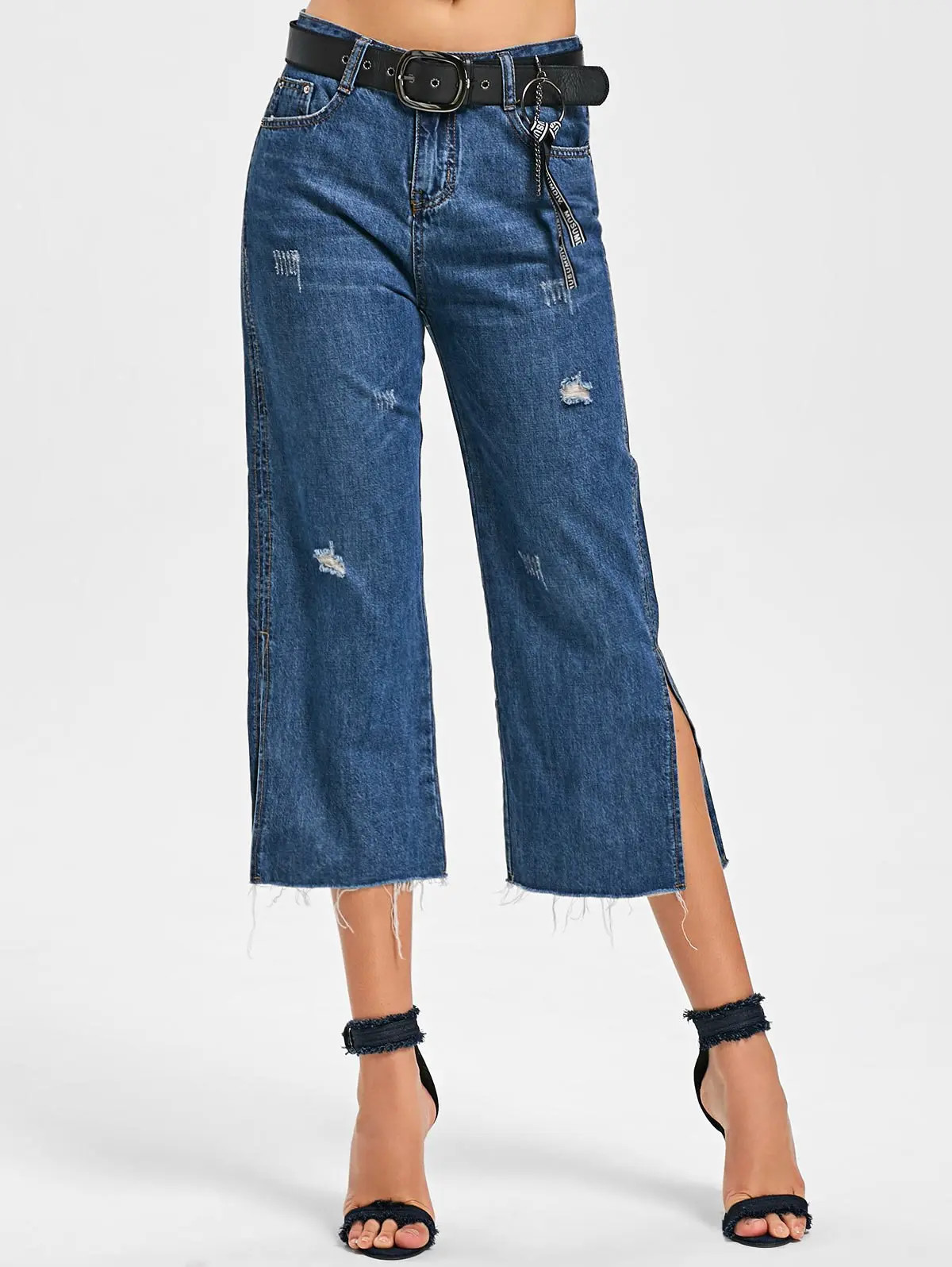 Fringe Side Slit Scratch Denim Capri Pants | Rosegal US