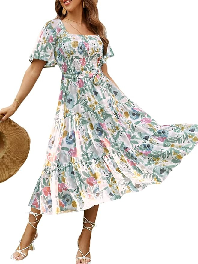 Amegoya Women's Boho Flowy Long Sleeve Square Neck Floral Midi Dress Smocked Spring Fall Wedding ... | Amazon (US)