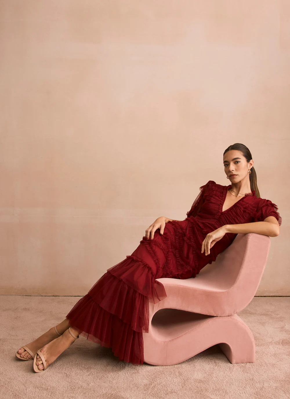 Burgundy Tulle Ruffle Maxi Dress | Mint Velvet