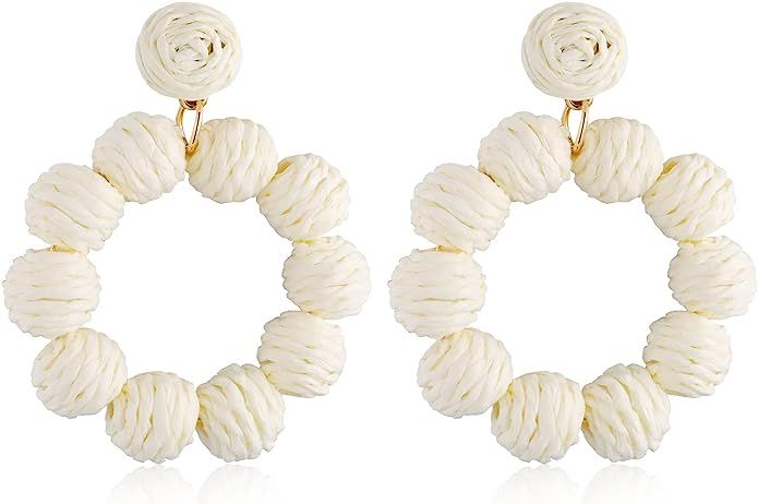 Statement Raffia Earrings for Women Girls Boho Rattan Ball Hoop Dangle Earrings Handmade Bohemia ... | Amazon (US)