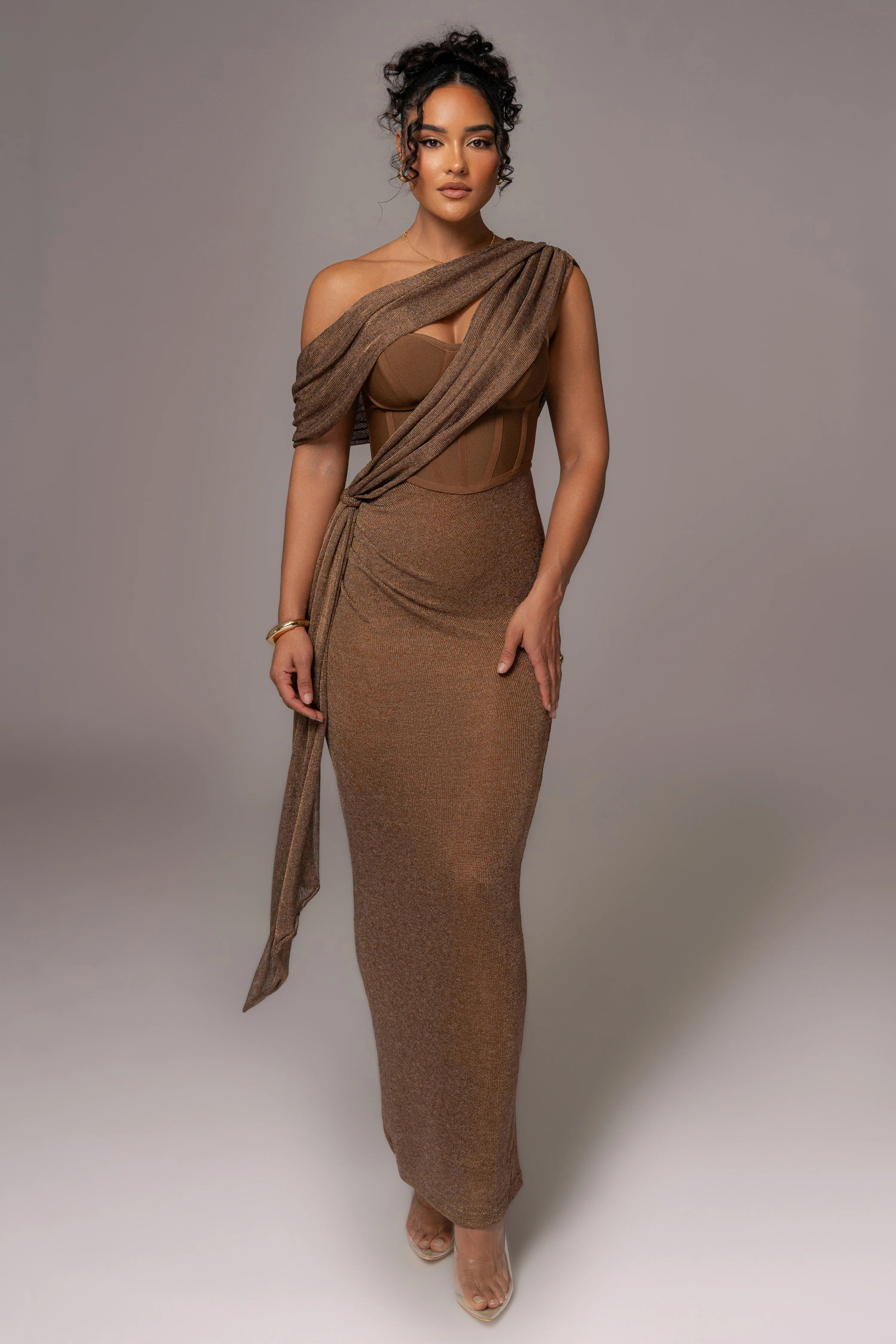 Bronze Metallic Celestina Draped Maxi Dress XS | JLUXLABEL