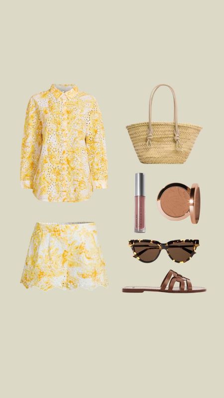 The perfect summer holiday outfit - yellow and white broderie shorts & shirt co-ord from my very edit, basket bag, tan leather sandals, tortoiseshell sunglasses and Beauty Pie bronzer & lipgloss  

#LTKeurope #LTKstyletip #LTKSeasonal