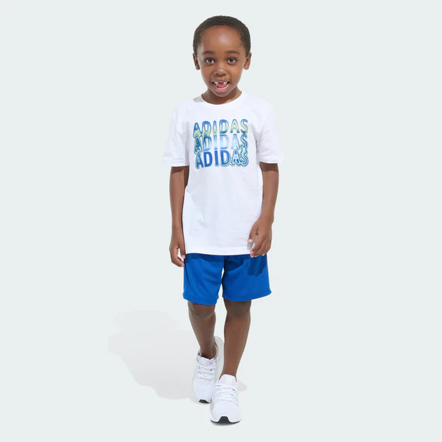Kids' adidas Two-Piece Short Sleeve Graphic Cotton Tee and 3-Stripes Shorts Set | Shop Simon