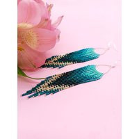 Teal Earrings Aesthetic Beaded Fringe Beadwork Seed Bead Royalcore Ombre Beaded | Etsy (US)