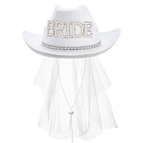 Frcctre Bride Cowboy Hat with Veil for Bachelorette Party, White Pearl Bride Cowgirl Hat for Wedding Bridal Shower Bachelorette Party Decoration Western Party Dress Up Accessories | Amazon (US)