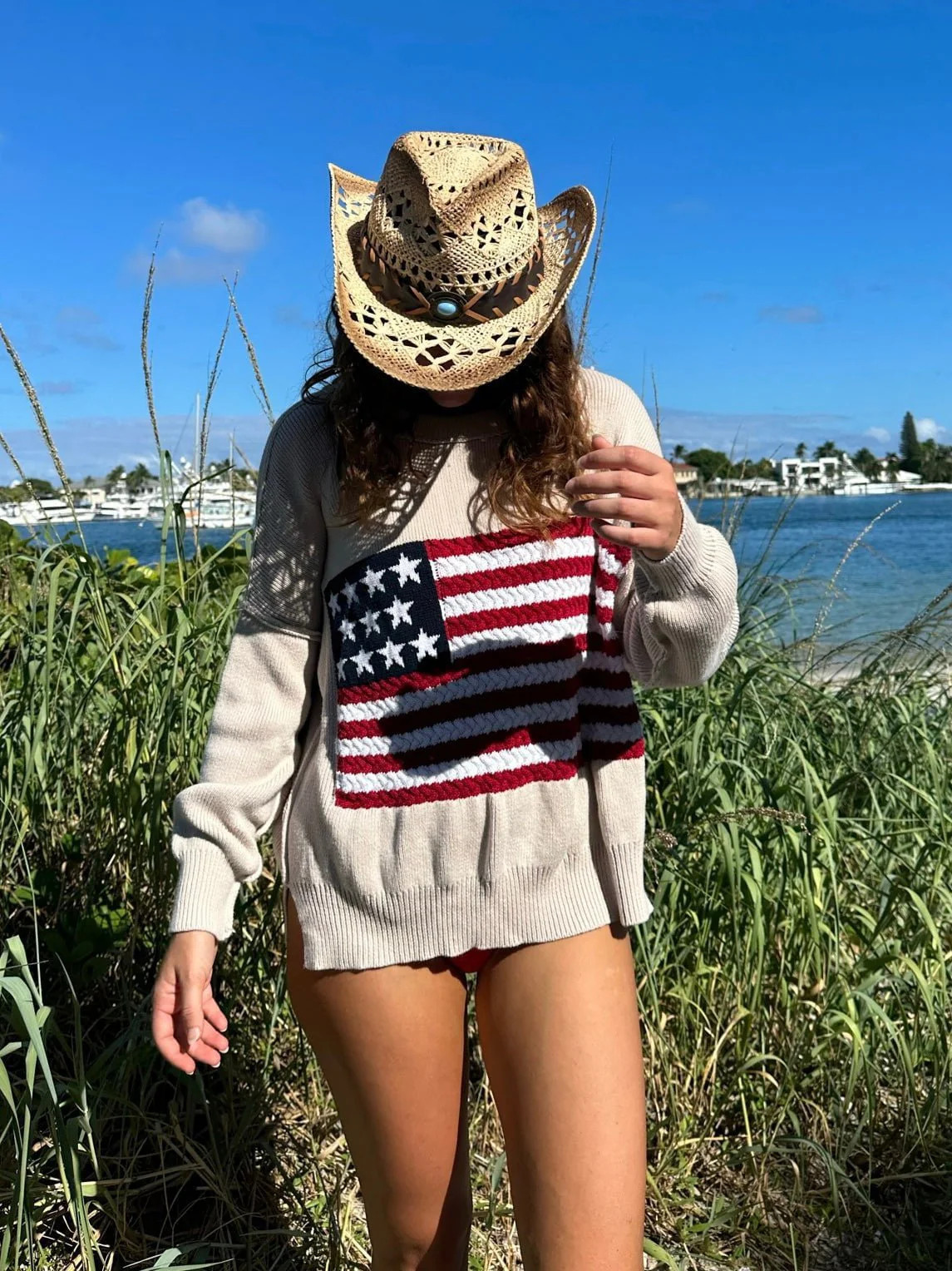 Land of Free Beige Oversized American Flag Sweater XS/S | Boho Pink