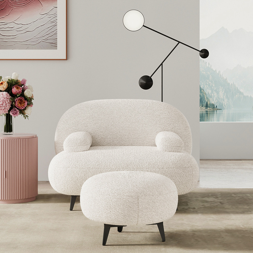 Modern White Cream Boucle Accent Chair with Pouf Ottoman Set Lounge Chair with Footstool | Homary