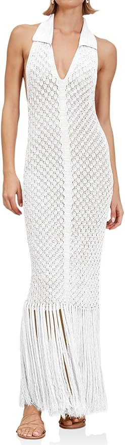 Saodimallsu Womens Halter Crochet Cover Up Fringe Sexy Backless Sleeveless V Neck Collared Vacati... | Amazon (US)