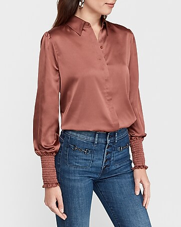 Satin Puff Sleeve Smocked Cuff Shirt | Express
