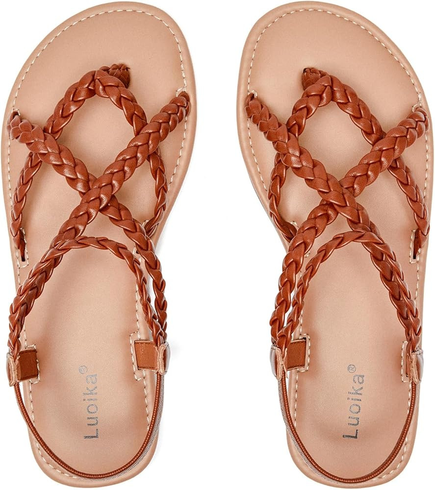 Luoika Women's Wide Width Flat Sandals, Flip Flop Casual Strapy Sandals Slip on Summer Beach Shoe... | Amazon (US)