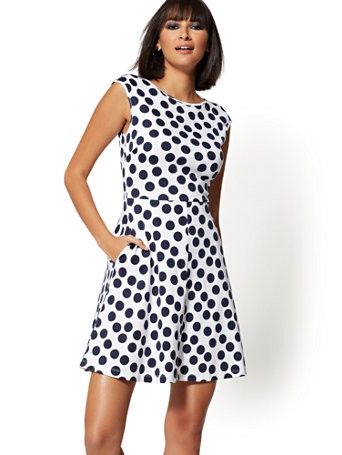 Dot-Print Cotton Fit and Flare Dress - New York & Company | New York & Company