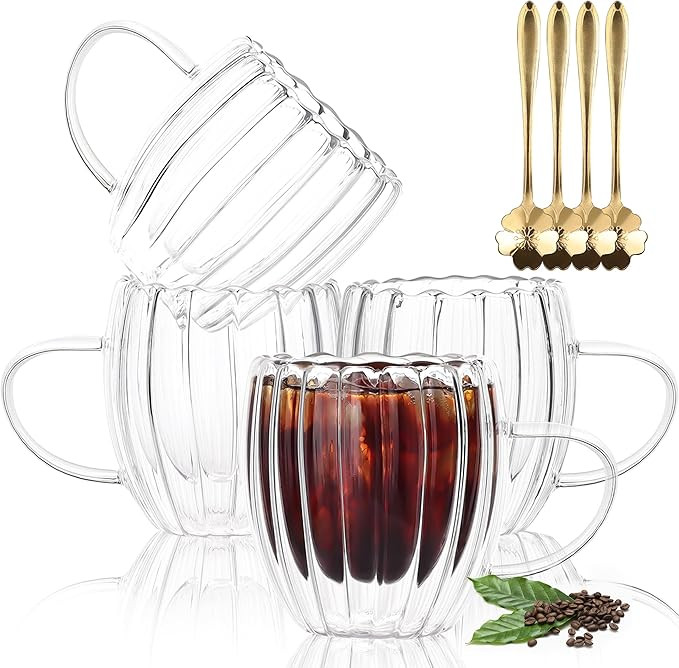 JNSMFC 250ML Double Wall Glass Coffee Mugs with Handle,Set of 4 Vertical Stripes Glass Coffee Cup... | Amazon (UK)