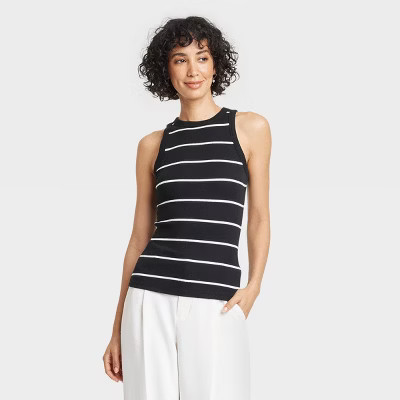Women's Slim Fit Ribbed Tank Top - A New Day™ Black Striped L | Target
