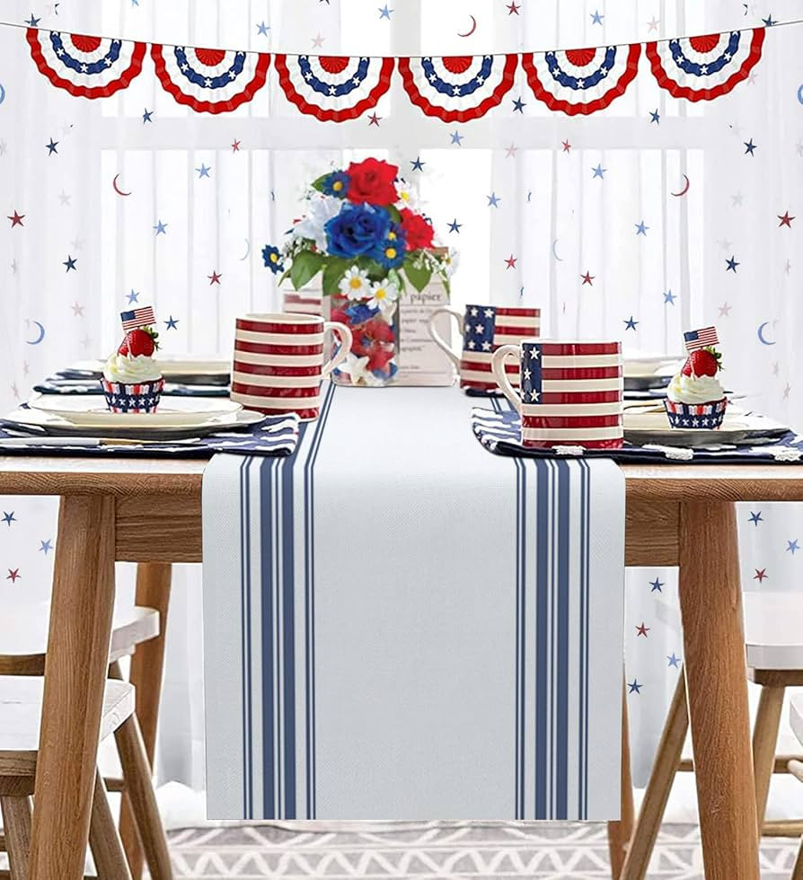 Cotton Linen Table Runner 120inches Long, Blue White Stripes, Burlap Table Cloth Dresser Scarves ... | Amazon (US)