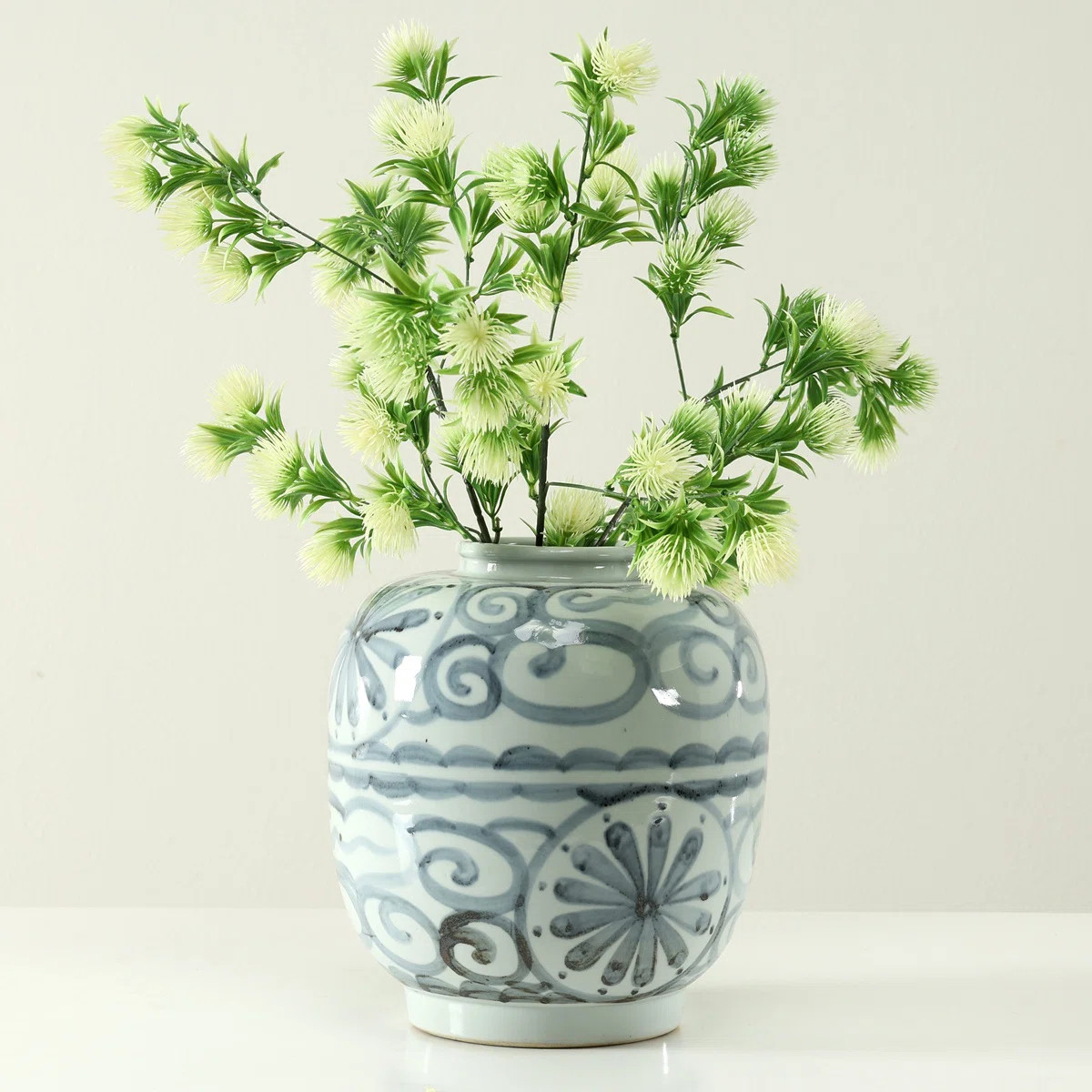 Approx. 12 Inches Subtle Blue and White Vase with Floral Motif | Wayfair North America