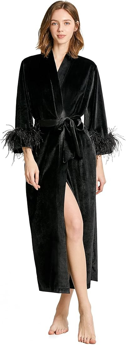 PRODESIGN Women Long Velvet Robe with Ostrich Feather Trim Soft Warm Bathrobe Pure Color Sleepwea... | Amazon (US)