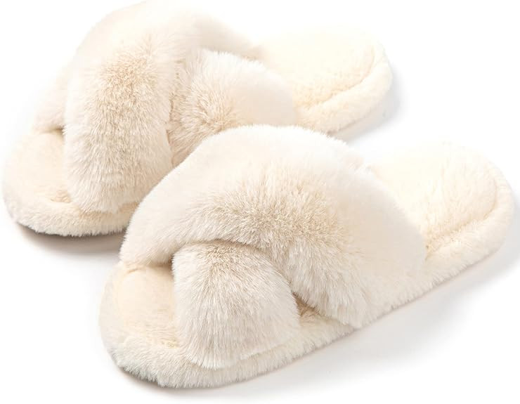 Tonchberry Cross Band Faux Fur Fuzzy Slippers for Women Plush Fluffy Furry Open Toe Slide Slipper... | Amazon (US)
