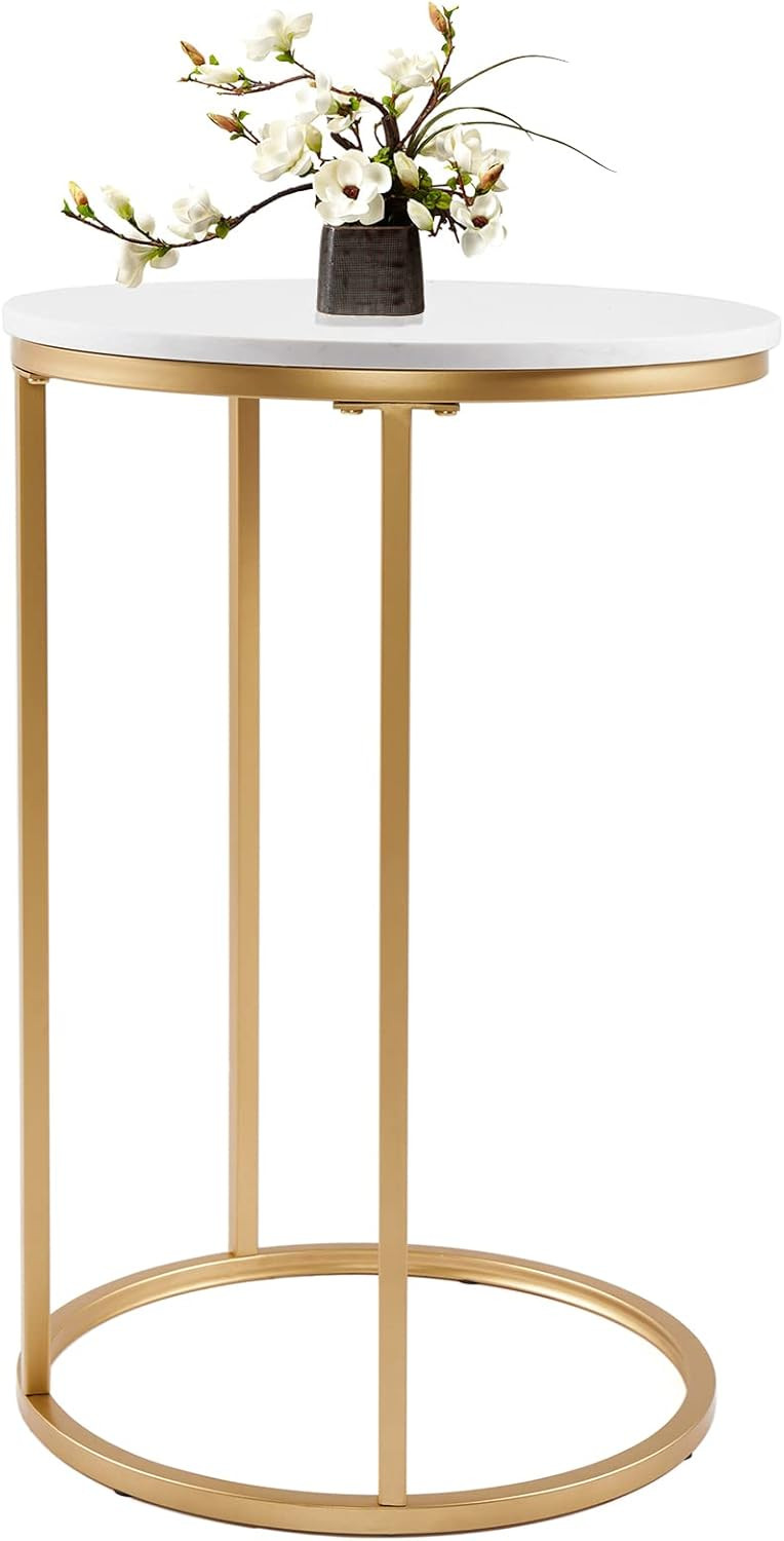 RiteSune Round C Shaped End Snack Side Table Slide Under Couch with Marble Top for Sofa Coffee Laptop Living Room Bedroom Small Space, 16" D x 24" H | Amazon (US)