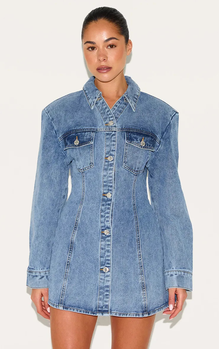 PrettyLittleThing Mid Blue Wash Cinched Waist Denim Shirt Dress | Boohoo USA | boohoo (US & Canada)