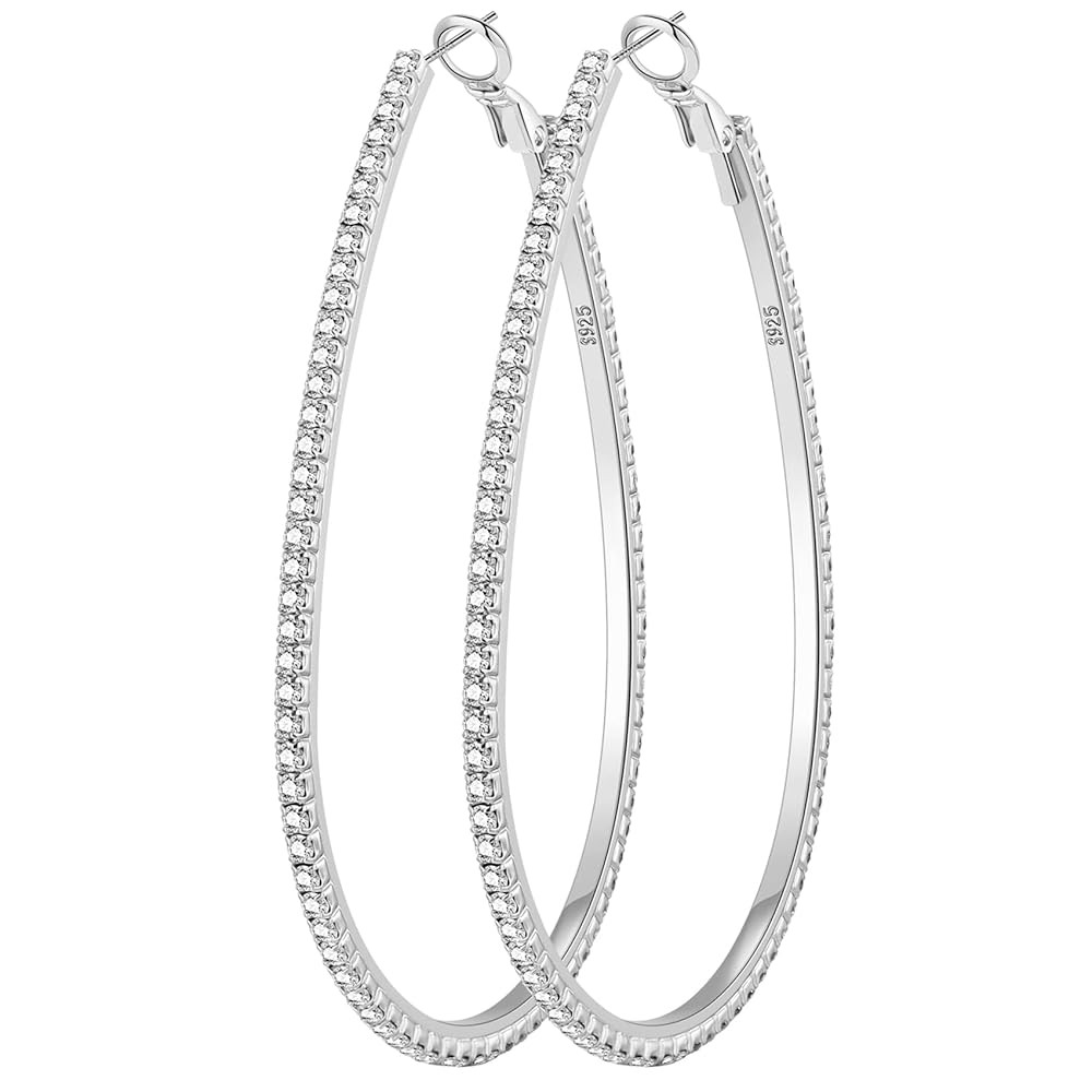 PRETOLE 925 Sterling Silver Hoop Earrings Rhinestone Large Silver Hoop Earrings Oval Big Hoops Ea... | Amazon (US)