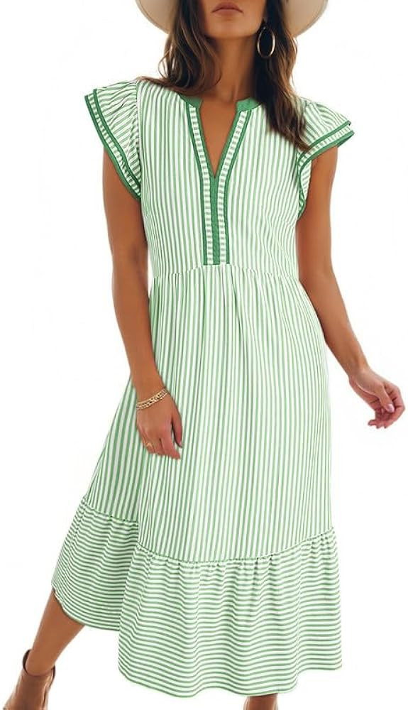 Dokotoo Womens Dresses 2026 Summer V-Neck Ruffle Cap Sleeve Empire Waist Flowy Striped Beach Midi... | Amazon (US)
